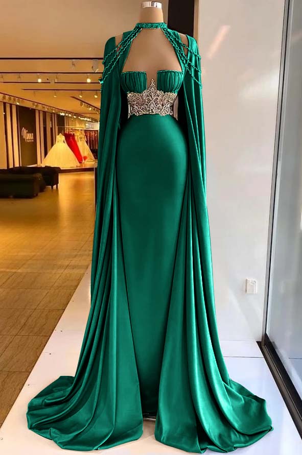 Elegant Halter Green Prom Dress Long Shawl Mermaid Dress HT0051