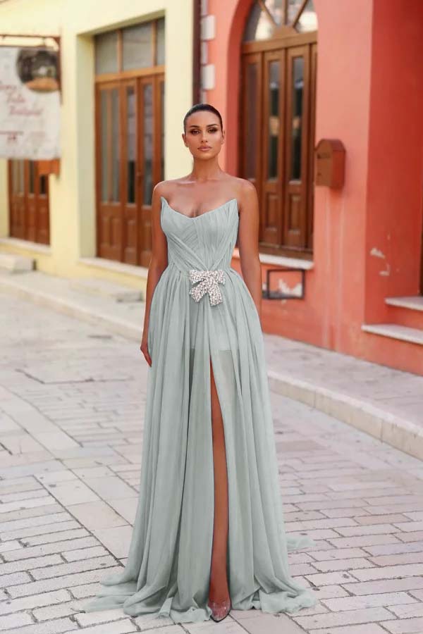 Strapless Sleeveless Long Split Prom Dress With Pleated Beading WQ0269