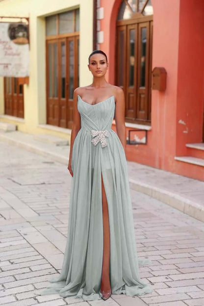 Strapless Sleeveless Long Split Prom Dress With Pleated Beading WQ0269