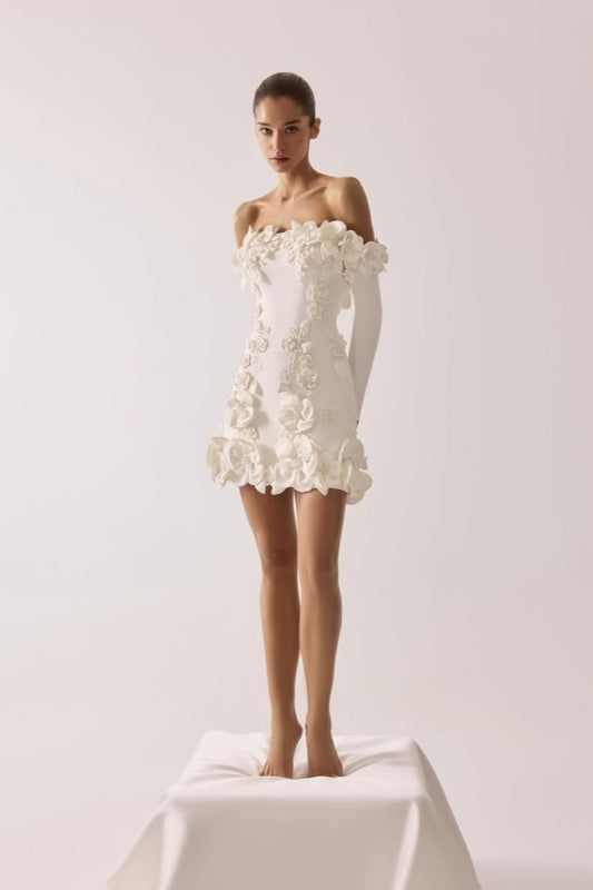 Refined White Off-the-Shoulder Homecoming Dress Long Sleeves with Flower CY0172