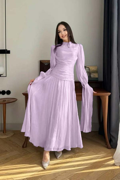 Playful Blue High-Neck Prom Dress Long Sleeves Pleated Floor Length CY0252