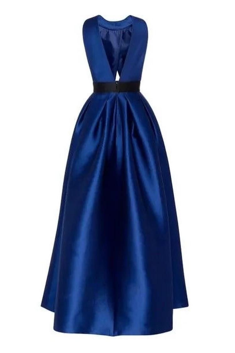Exquisite Royal Blue Satin Halter Strapless Sleeveless A Line Prom Dress with Pleated | Zelldresses
