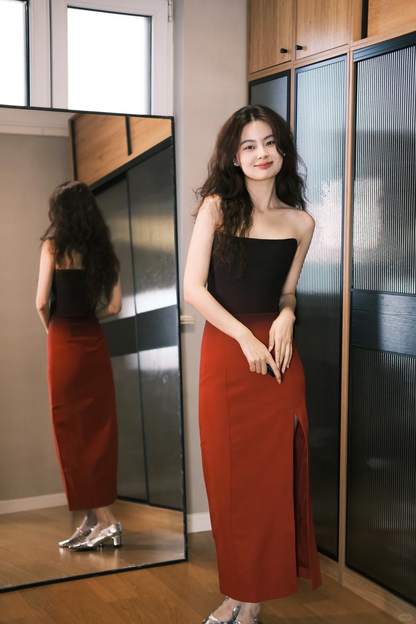 Elegant Sheath Strapless Black Red Ombre Satin Long Party Dress Wedding Guest Dress with Slit SH2907