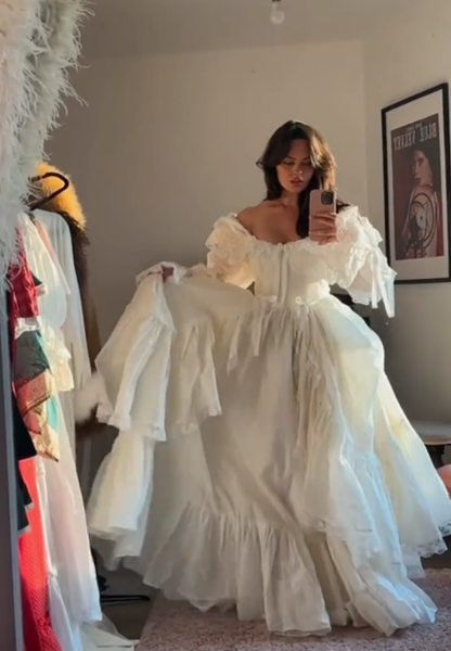 Princess A Line Long Sleeve White Satin Lace Birthday Dress Evening Dress SH2797