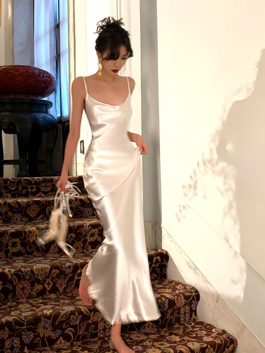 Elegant Spaghetti Straps White Satin Mermaid Prom Dress Formal Bridesmaid Dress D991