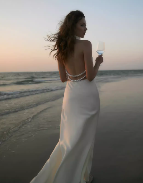 Elegant Mermaid Halter Pearl Ivory Satin Long Evening Dress Party Dress SH3029