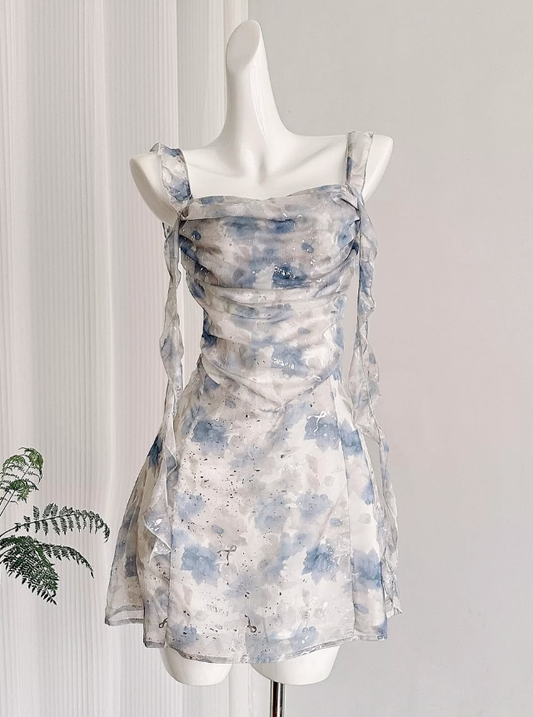 Gentle A Line Straps Blue Print Flower Chiffon Short Homecoming Dress Cocktail Dress SH3054