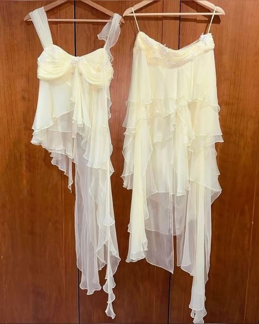 Gentle A Line Two Piece Appliques Tiered Ivory Chiffon Party Dress Evening Dress SH2886