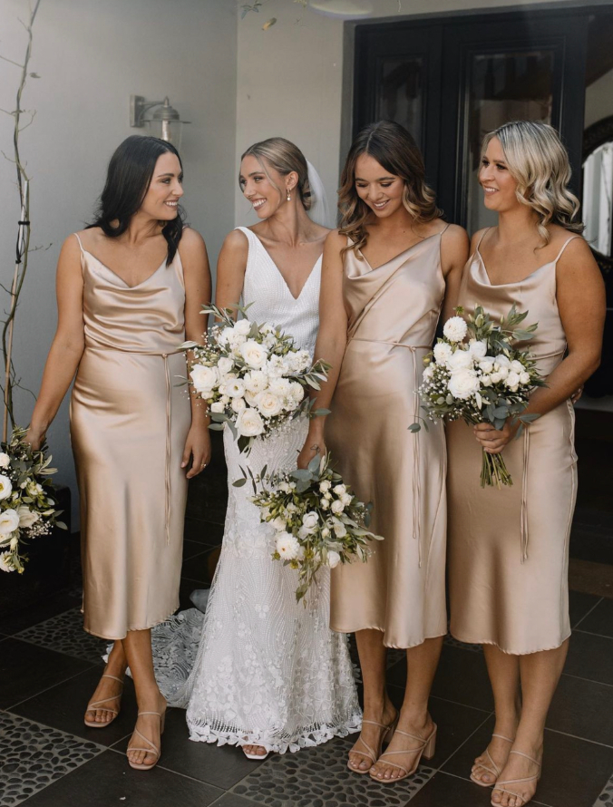 Simple A Line Spaghetti Strap Light Champagne Satin Evening Dress Bridesmaid Dress SH2704