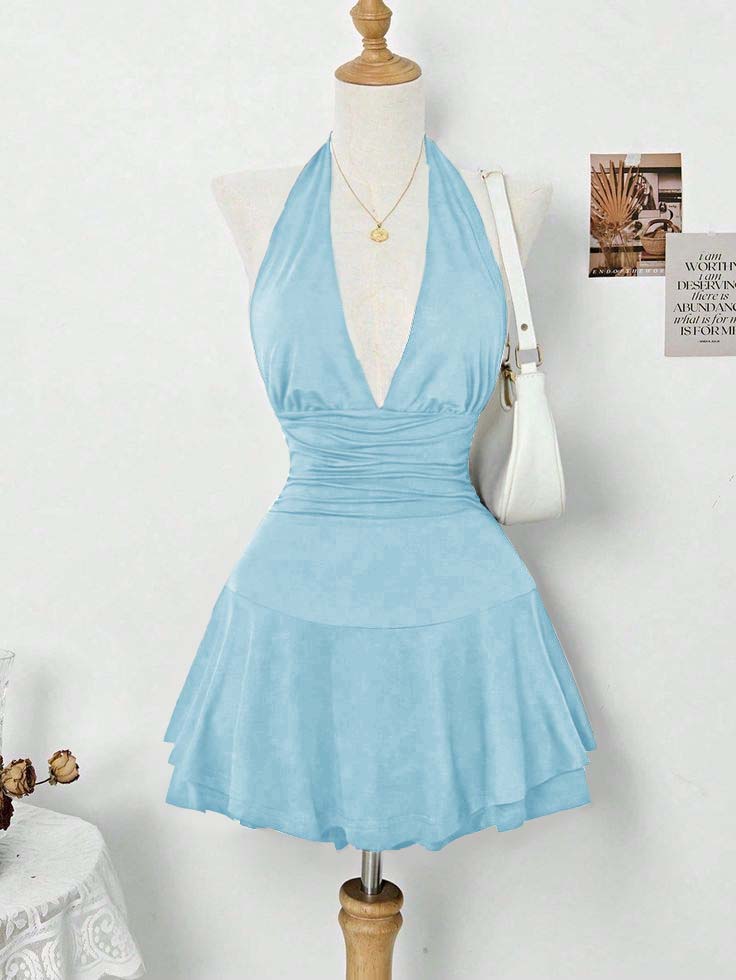 Halter Deep V Neck Sleeveless Short Homecoming Dress With Pleated HC0167