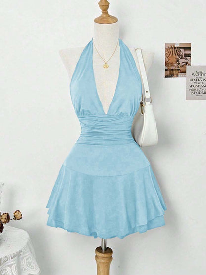 Halter Deep V Neck Sleeveless Short Homecoming Dress With Pleated HC0167