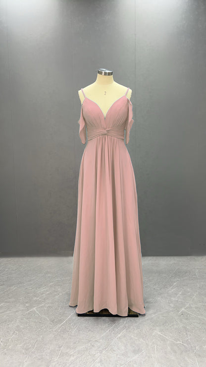 Hellodresses Elegant Spaghetti Straps Off-The-Shoulder Long Pleated Split Chiffon Bridesmaid Dress With Ruffles