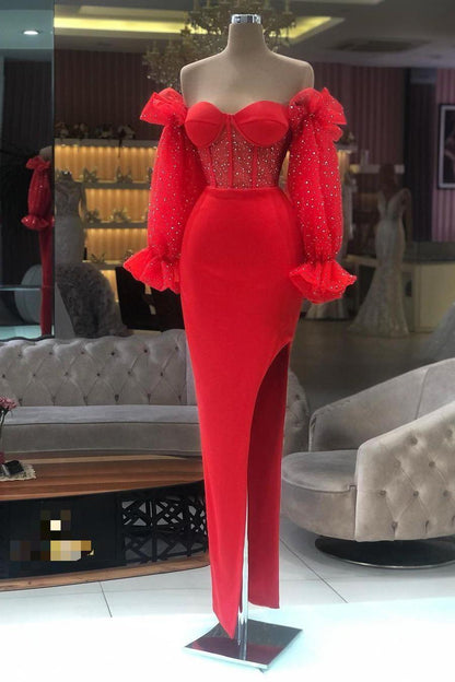 Black Sweetheart Off the Shoulder Long Sleeves Split Prom Dress With Sequins XJ0214