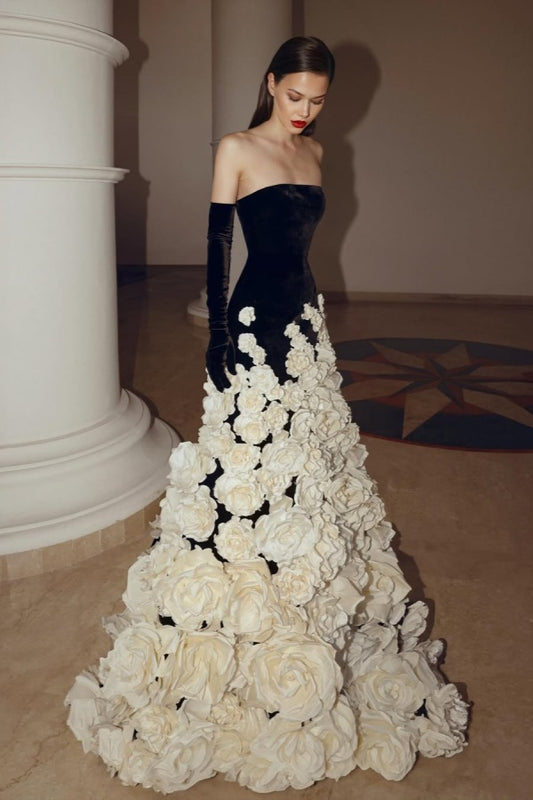 Stunning Black Strapless Prom Dress Mermaid Flower with glove YC0168