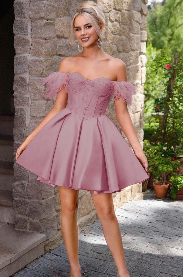 Off the Shoulder Sweetheart Sleeveless Short A Line Homecoming Dress With Feather HC0176