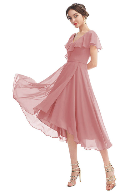 Simple Mulberry Chiffon V Neck Ruffled Short Sleeves Mid Bridesmaid Dress SYYS058