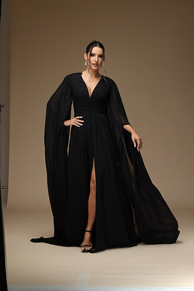 Long Sleeve Black Prom Dress Deep V-Neck BallGown With High Split YX0011