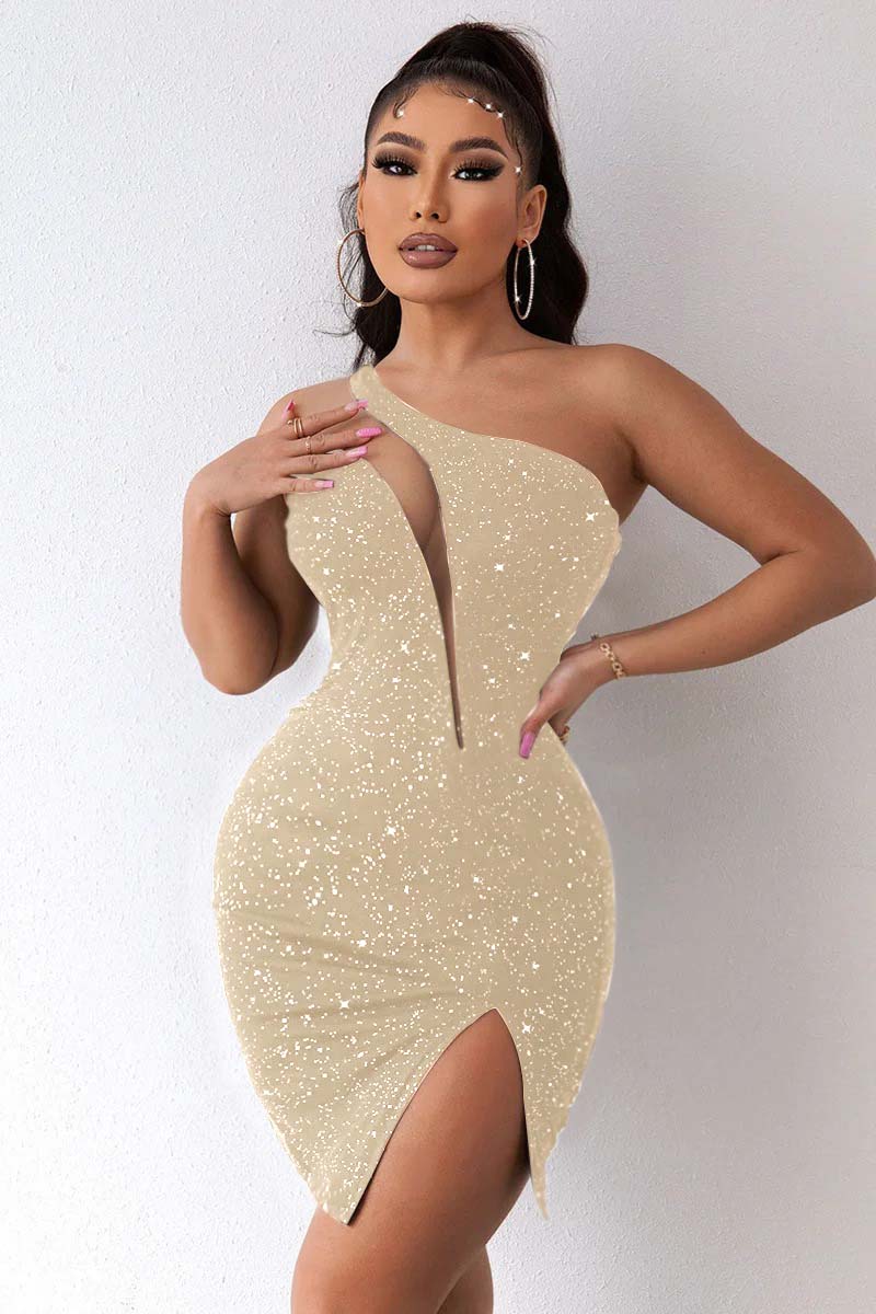 Hellodresses Black One Shoulder Sleeveless Short Homecoming Dress Sequins With Split