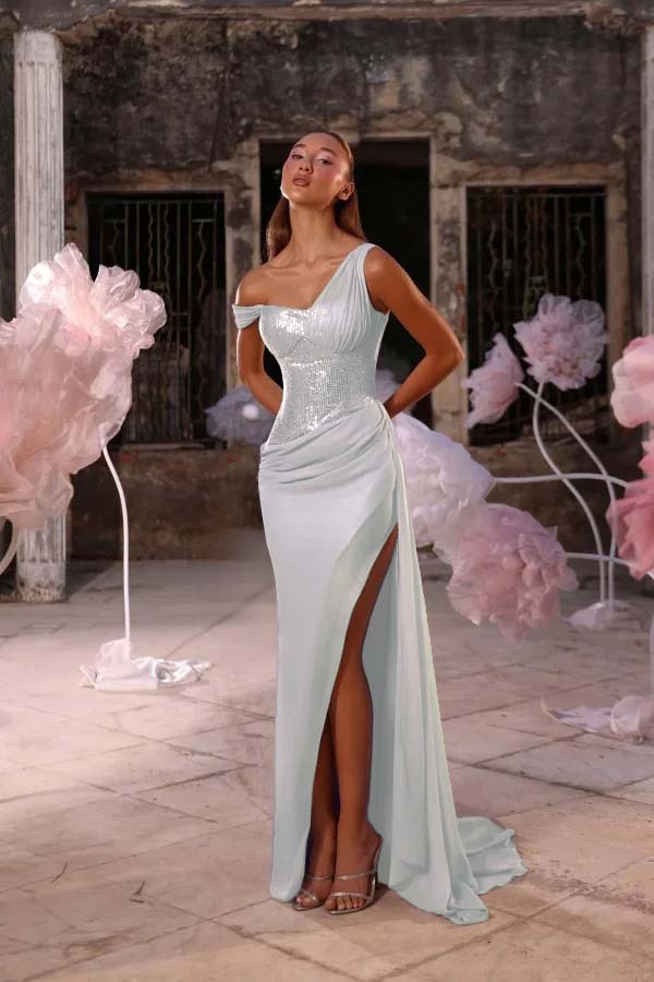 Sleeveless One Shoulder Long Split Prom Dress With Pleated Sequin JQ0247