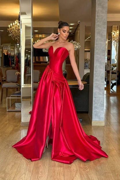 Glamorous Red Satin Sweetheart Sleeveless Split Prom Dress with Pleated | Zelldresses