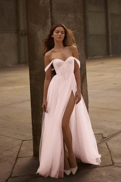 Beautiful Ivory Tulle Strapless Off the Shoulder Long Split Prom Dress with Ruffles | Zelldresses