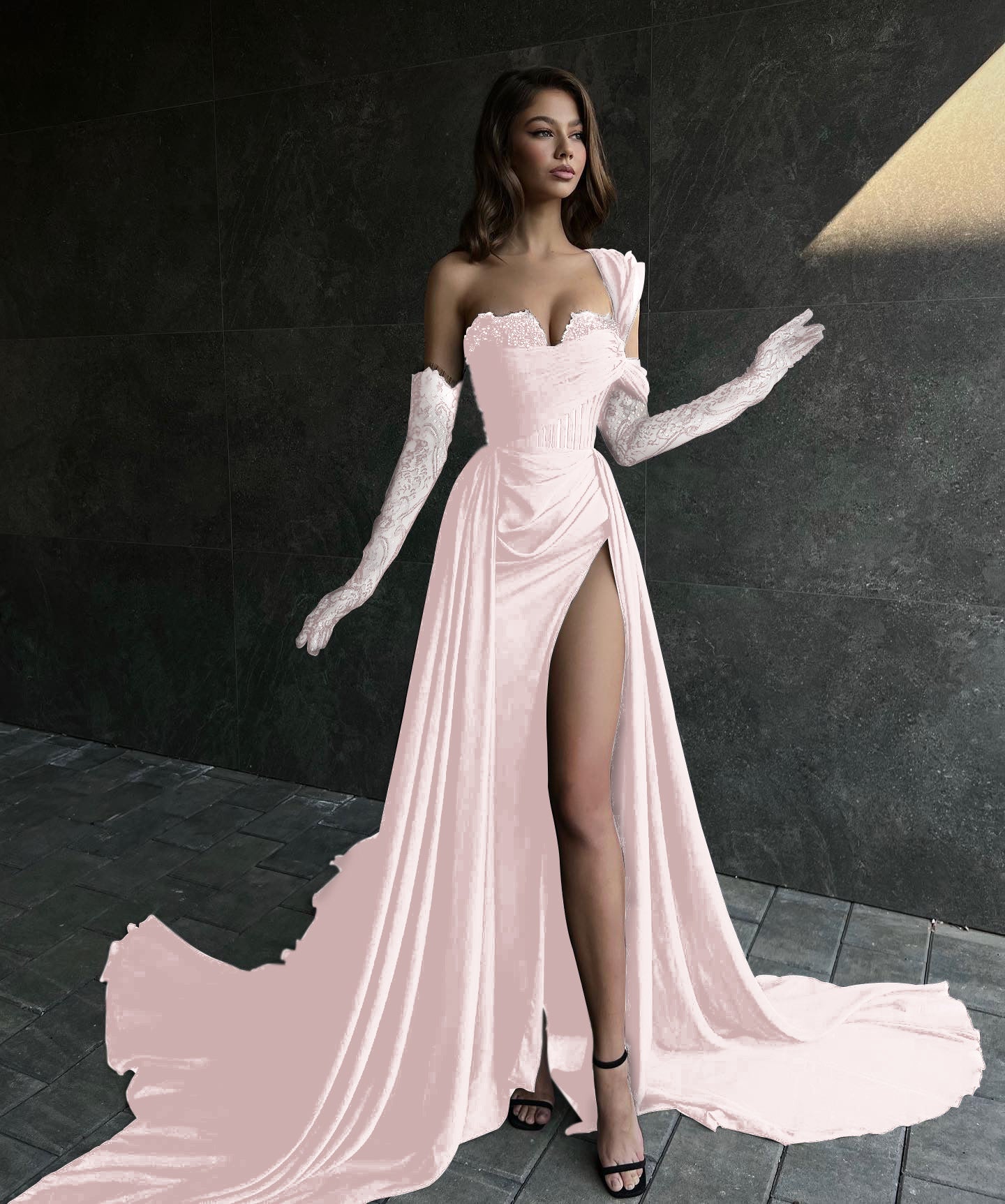 Charming Strapless Slit Beaded Black Prom Dress With Lace Sleeves | Zelldresses