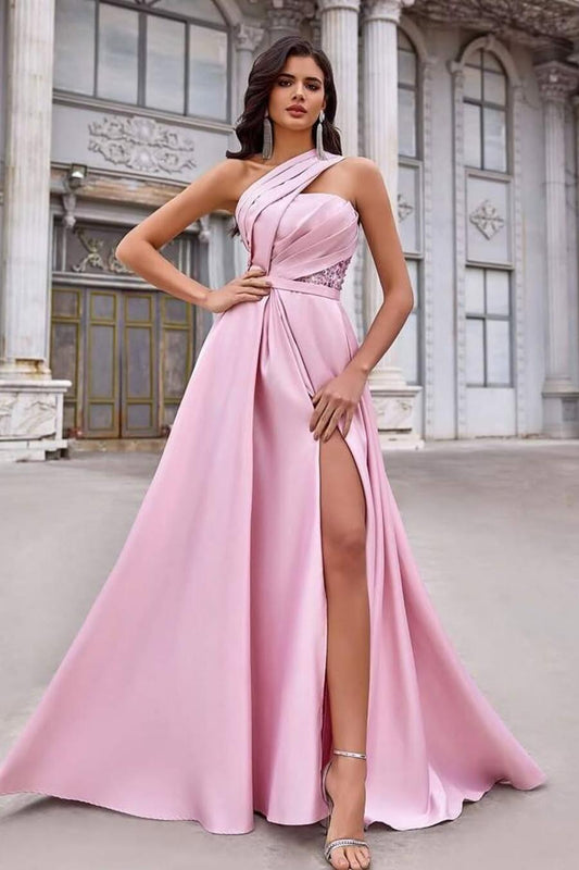 Elegant Dusty Rose Satin One Shoulder Sleeveless Long Split Prom Dress with Sequins | Zelldresses