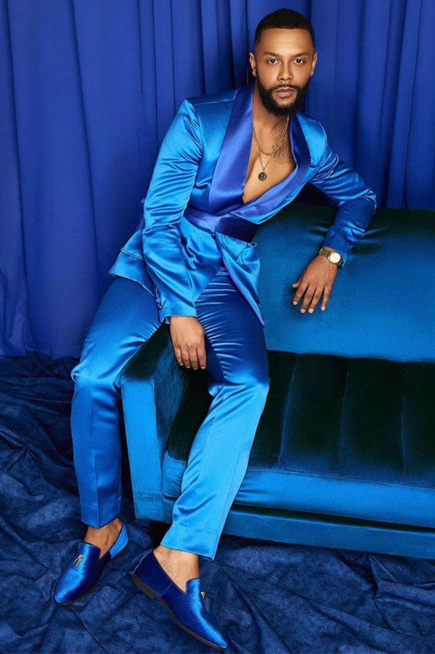 Unique Blue Groom And Groomsman Suits With Shawl Lapel | Zelldresses