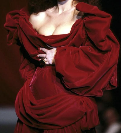 Vintage A Line Puff Sleeve Burgundy Velvet Long Party Dress Evening Dress SH2825