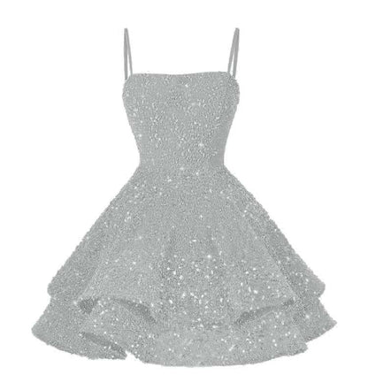 Light Pink Sequins Spaghetti Strap Sleeveless Short Homecoming Dress with Ruffles YO070