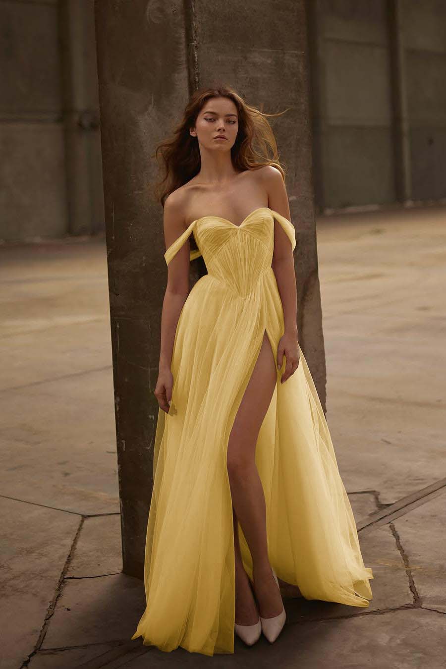 Beautiful Ivory Tulle Strapless Off the Shoulder Long Split Prom Dress with Ruffles | Zelldresses