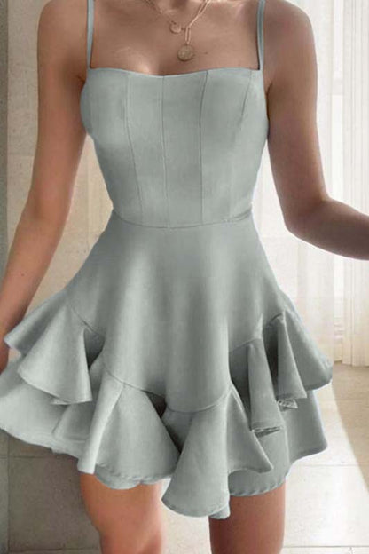 Slim Sky Blue Satin Spaghetti Strap Sleeveless Short Homecoming Dress With Ruffles HC0044