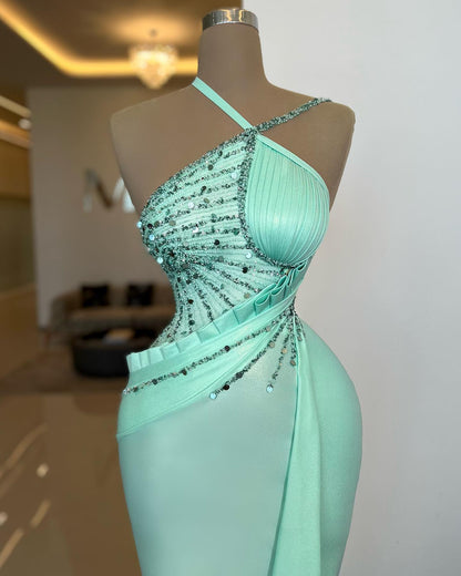 Beautiful Light Blue Mermaid Beaded Slit Prom Dress | Hellodresses