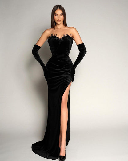 Hellodresses Velvet Black Sweetheart Split Sleeveless Prom Gown Dress With Gloves