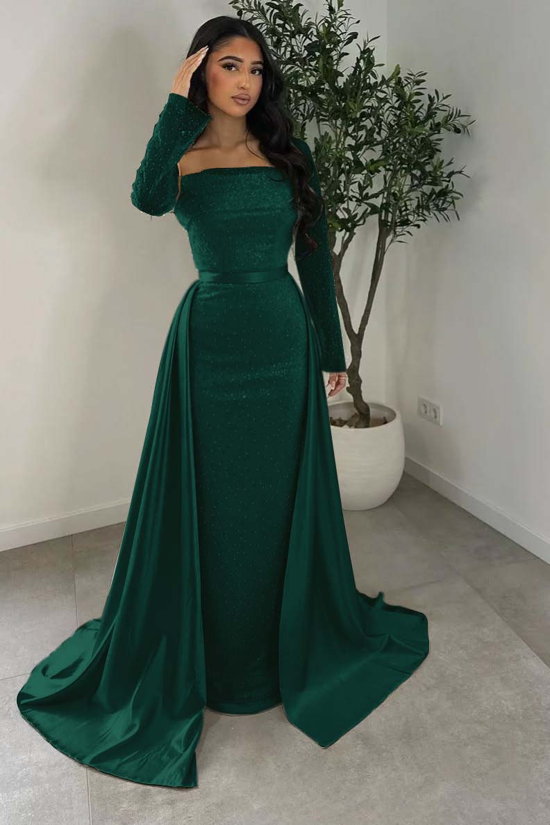 Long Sleeves Square Neck Long Mermaid Prom Dress With Beading HS0005