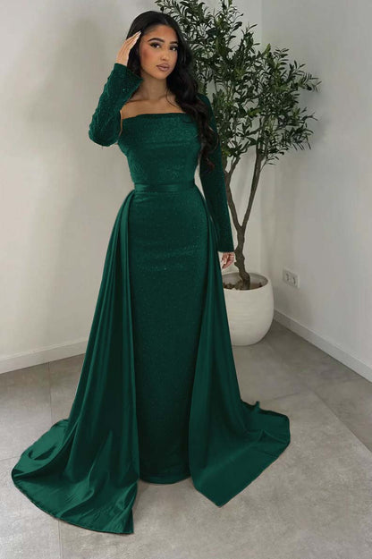Long Sleeves Square Neck Long Mermaid Prom Dress With Beading HS0005