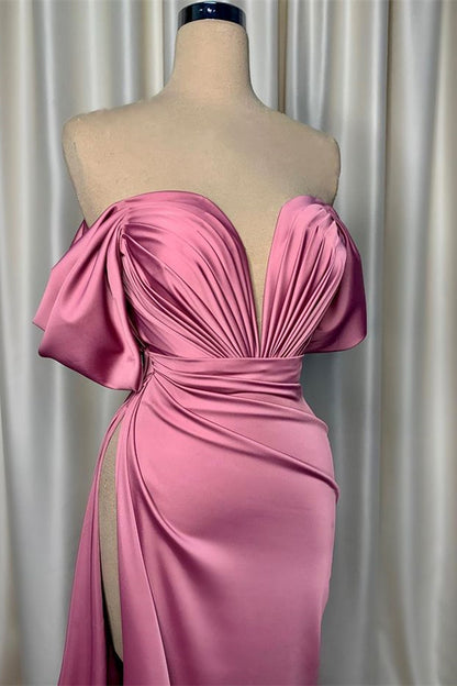 Elegant Pink Prom Dress Charmeuse V Neck With Pleated Slit ED0568