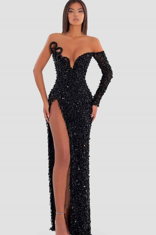 Gorgeous Black Sequins One-Shoulder Beaded Split Prom Dress MM0089