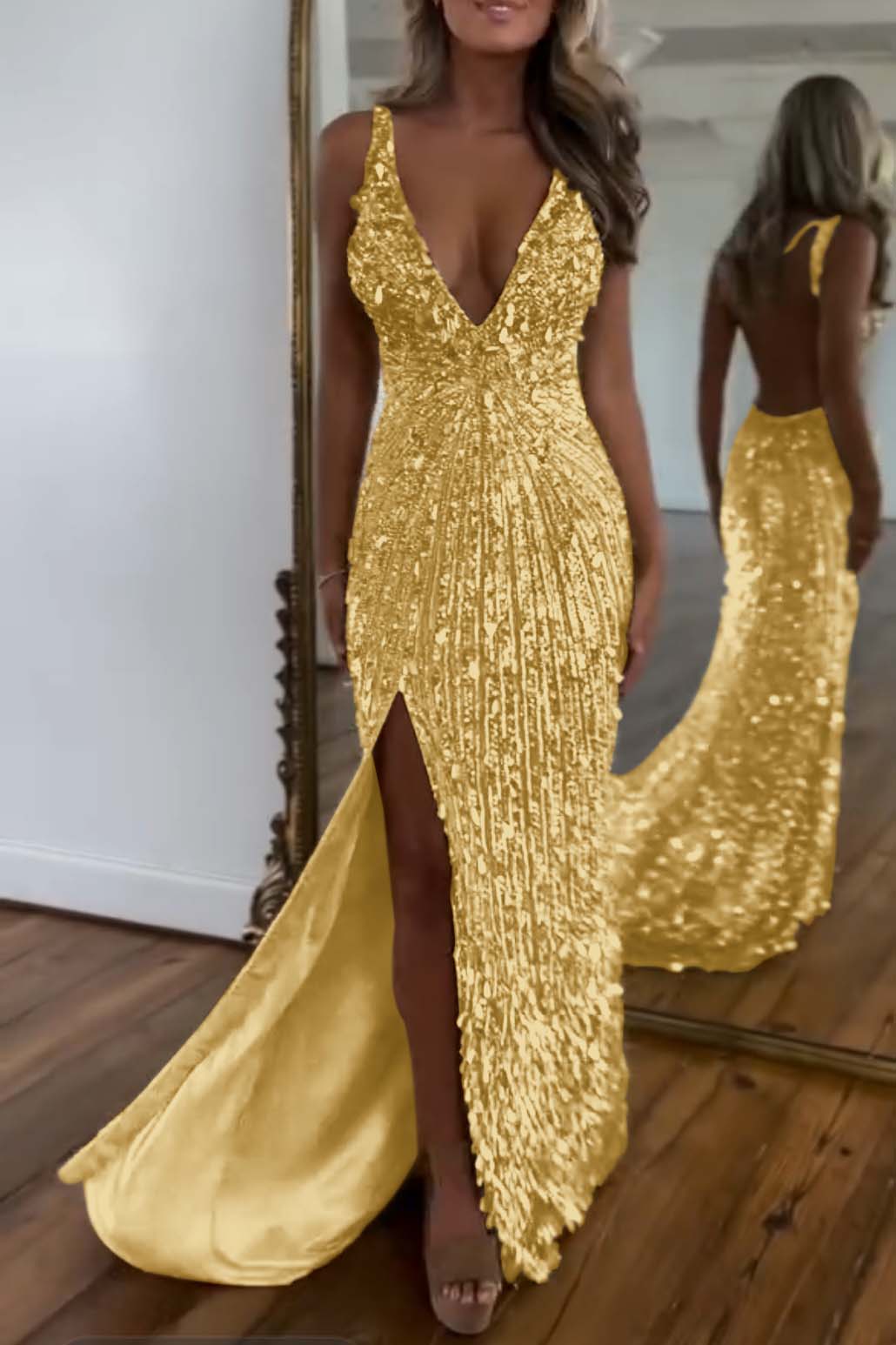 Charming Gold Sequins Spaghetti Strap Sleeveless V Neck Long Prom Dress with Split | Zelldresses