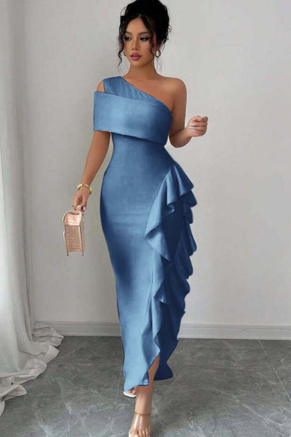 One Shoulder Sleeveless Long Split Prom Dress With Pleated Ruffles XJ0748