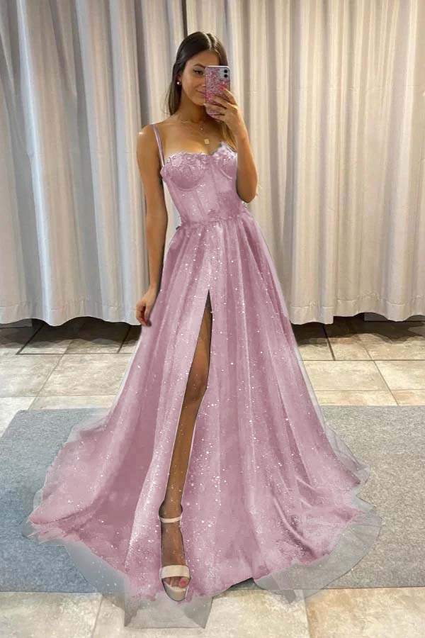 Spaghetti Strap Sleeveless Long Split Prom Dress With Sequins YC0151