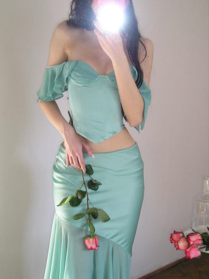 Gentle Mermaid Off the Shoulder Two Piece Chiffon Satin Party Dress Evening Dress SH2862
