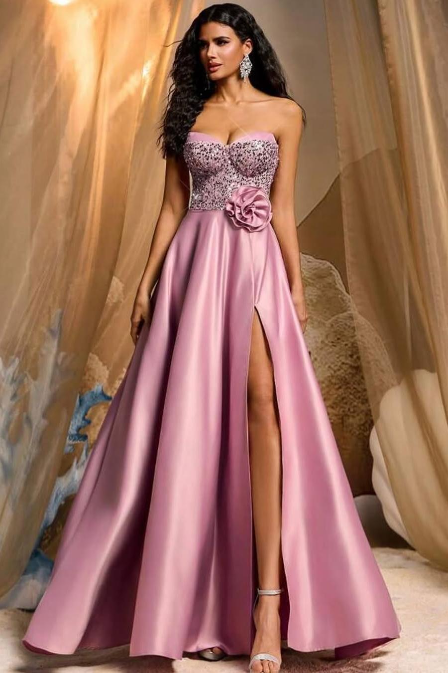 Beautiful Dusty Rose Satin Sleeveless Strapless Sweetheart Split Prom Dress with Sequins | Zelldresses