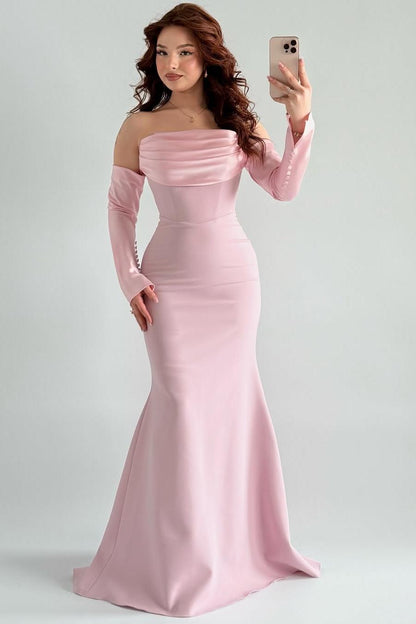 Strapless Long Sleeves Long Mermaid Prom Dress With Pleated XJ0765