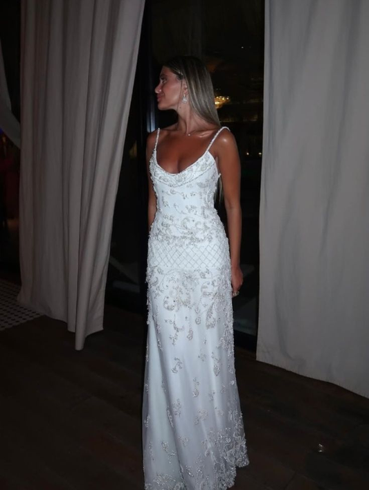 Elegant Spaghetti Straps Satin Tulle Beaded Long Party Dress Evening Dress D1365