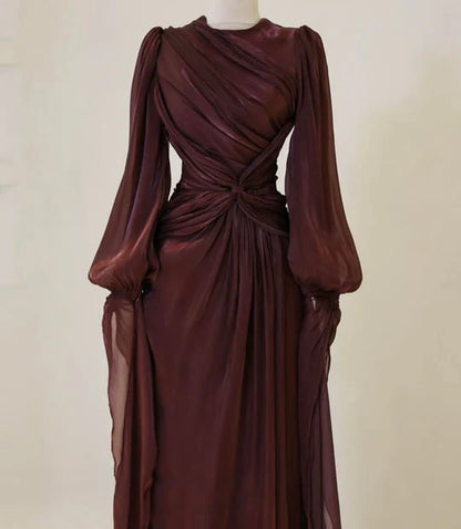 Burgundy Long Sleeve Evening Dress A-Line Prom Gown Party Dress gh4317