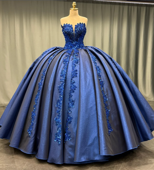 Pretty Ball Gown Sweetheart Neck Sequin Appliques Dark Blue Satin Sweet 16 Dress, Quinceanera Dress SH3039