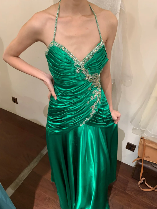 Vintage A Line Halter Pleated Beaded Sequin Emerald Satin Open Back Prom Dress Evening Dress SH2973