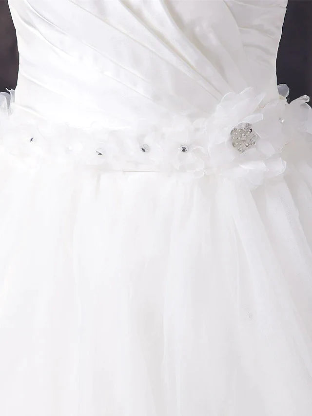 A-Line Wedding Dresses Sweetheart Neckline Court Train Organza Satin Strapless with Pick Up Skirt Ruched Beading