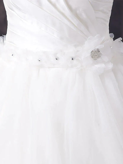 A-Line Wedding Dresses Sweetheart Neckline Court Train Organza Satin Strapless with Pick Up Skirt Ruched Beading